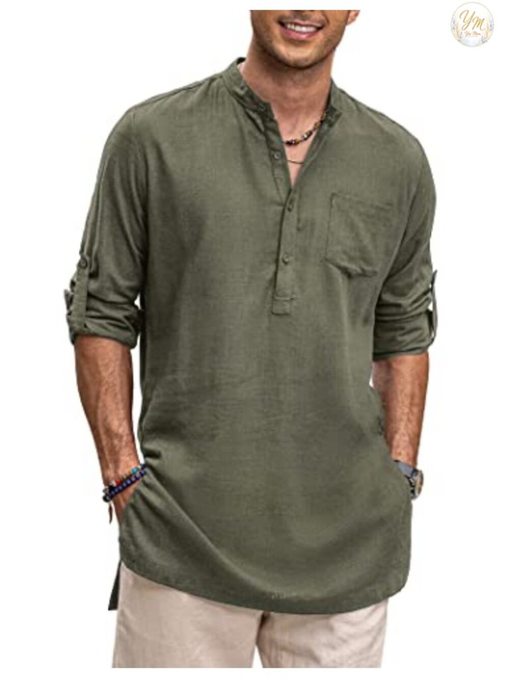 Men's Linen Long Sleeve Henley Shirt Collarless Kurta Beach Tunic with Pocket